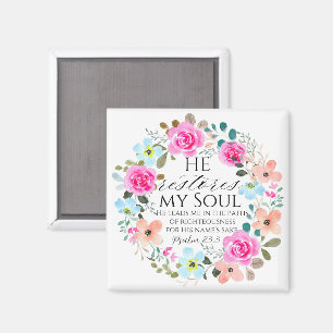 Psalm 23:3 - Er stellt mein Soul Pink Floral Bible Magnet