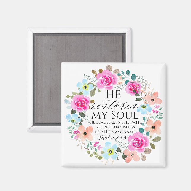 Psalm 23:3 - Er stellt mein Soul Pink Floral Bible Magnet (Vorderseite/Rückseite)