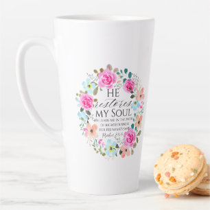 Psalm 23:3 - Er stellt mein Soul Pink Floral Bible Milchtasse