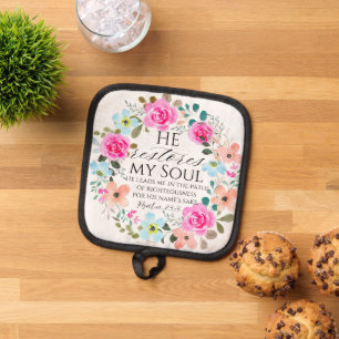 Psalm 23:3 - Er stellt mein Soul Pink Floral Bible Topflappen