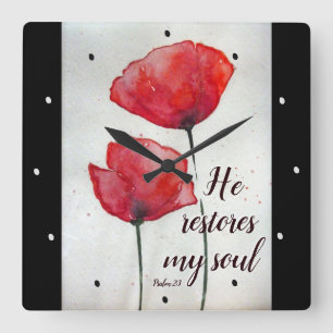 Psalm 23:3 He restores my soul, Bible Verse Floral Quadratische Wanduhr