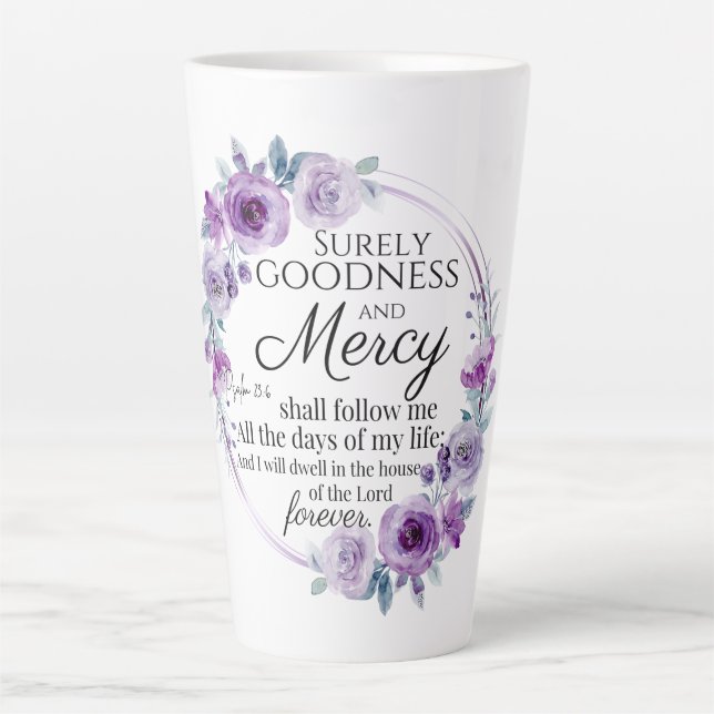 Psalm 23:6 Lila Blütenblüte Milchtasse (Vorderseite)