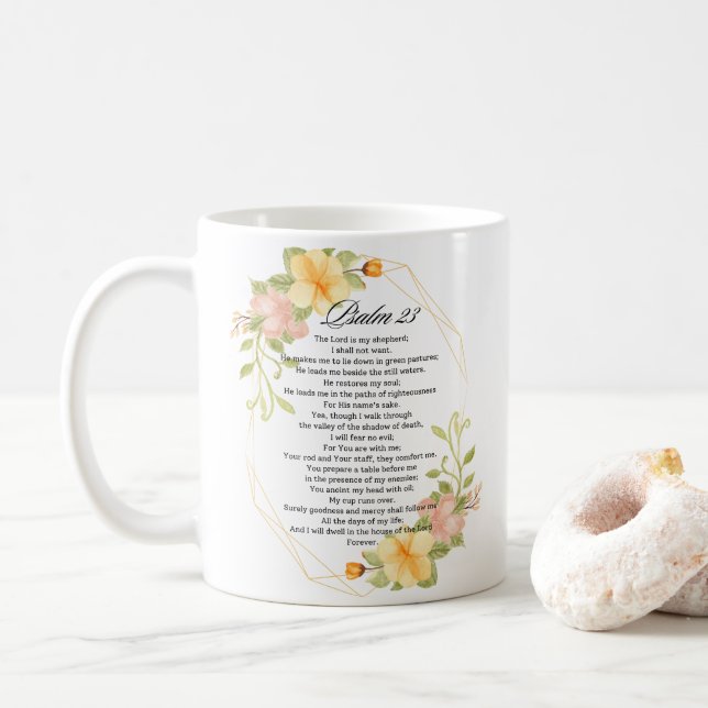 Psalm 23 Bibelschrift Yellow Floral Frame Kaffeetasse (Mit Donut)