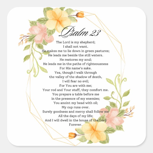 Psalm 23 Bibelschrift Yellow Floral Frame Quadratischer Aufkleber (Vorderseite)