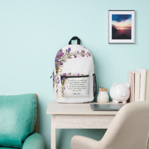 Psalm 28:7 Bibelvers, Lila Lavendel Blumen Kunst Bedruckter Rucksack