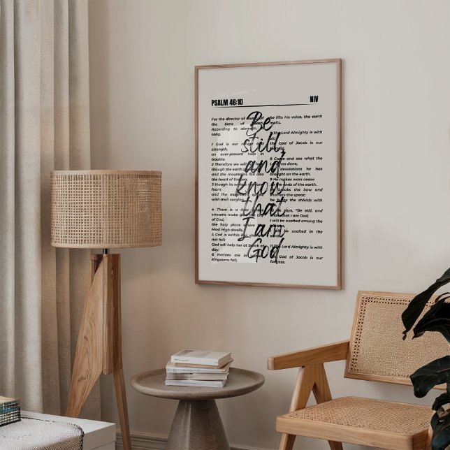 Psalm 46 Fall Christlich Wall Poster (Minimalist Christian wall art featuring Psalm 46:10 in elegant black bold typography. )