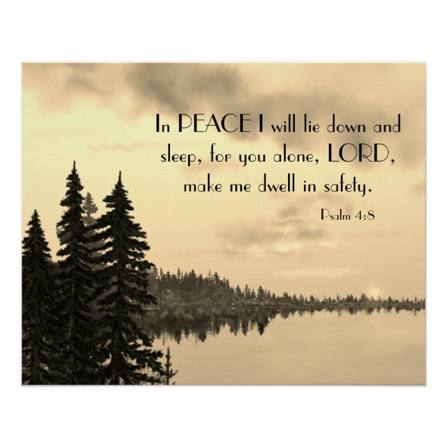 Psalm 4:8 Friedlich Sunset Lake and Trees in Sepia Poster (Vorderseite)