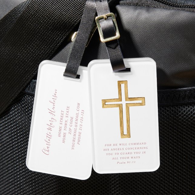 Psalm 91:11 Bibelverse Religious Cross Pink Scrip Gepäckanhänger (Psalm 91:11 Bible Verse Religious Cross Pink Scrip Luggage Tag)