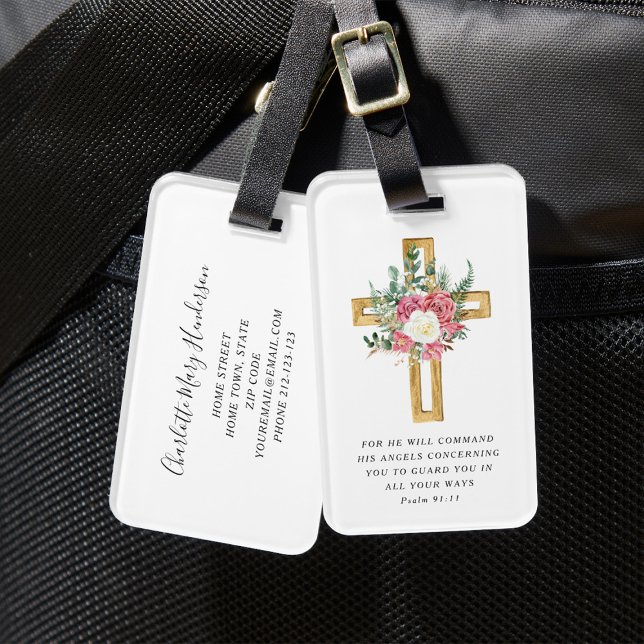 Psalm 91:11 Bibelverse Religious Peonies Cross Gepäckanhänger (Psalm 91:11 Bible Verse Religious Peonies Cross Luggage Tag)