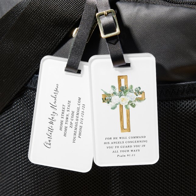 Psalm 91:11 Bibelverse Weißes Peony Floral Cross Gepäckanhänger (Psalm 91:11 Bible Verse White Peony Floral Cross Luggage Tag)