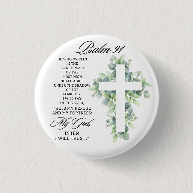 Psalm 91:1-2 Religious Cross Greenery Bible Verse Button (Vorderseite)