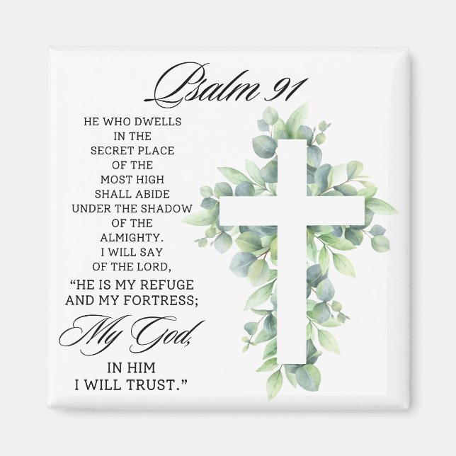 Psalm 91:1-2 Religious Cross Greenery Bible Verse Magnet (Vorne)