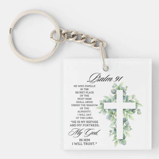 Psalm 91:1-2 Religious Cross Greenery Bible Verse Schlüsselanhänger (Vorderseite)