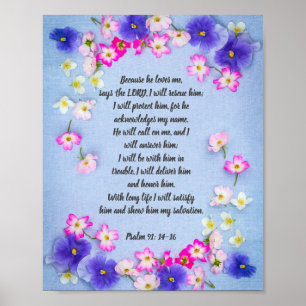 Psalm 91 auf blauem Stoff mit Blume, Plakat