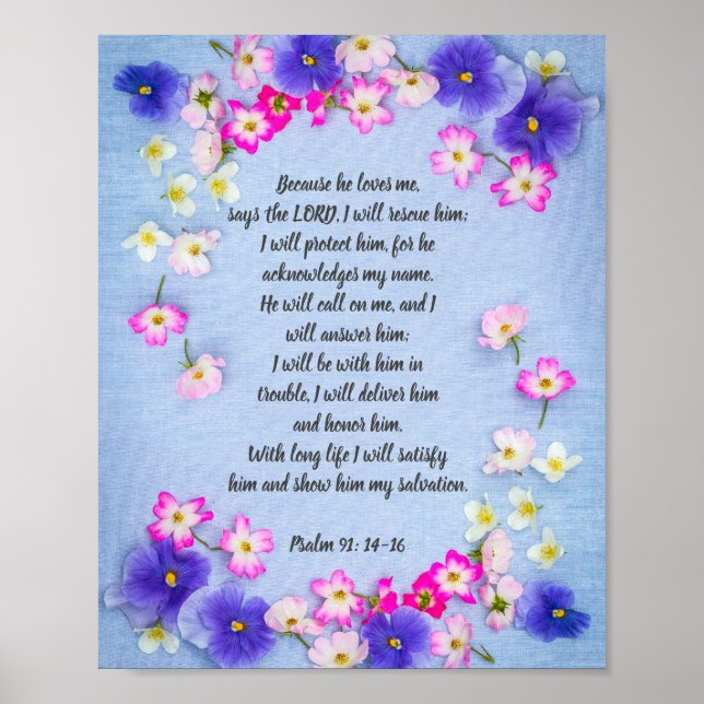 Psalm 91 auf blauem Stoff mit Blume, Plakat (Vorne)