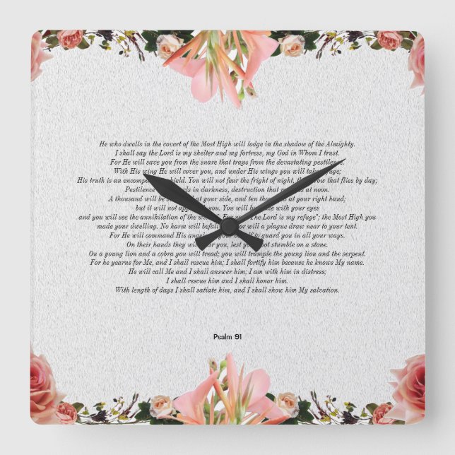 Psalm 91 Flower Acrylic Wall Clock Quadratische Wanduhr (Vorderseite)