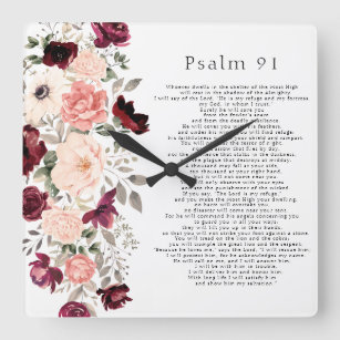 Psalm 91 Scripture Burgundy Blush Bloral Quadratische Wanduhr
