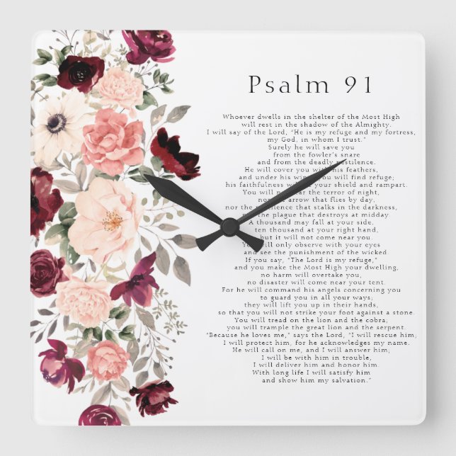Psalm 91 Scripture Burgundy Blush Bloral Quadratische Wanduhr (Vorderseite)