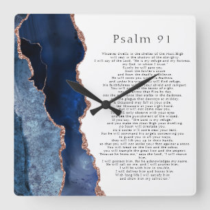 Psalm 91 Scripture Navy Blue Rose Gold Geode Quadratische Wanduhr