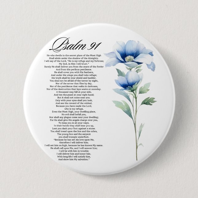 Psalm 91 Watercolor Blue Flower Bible Scriptures Button (Vorderseite)