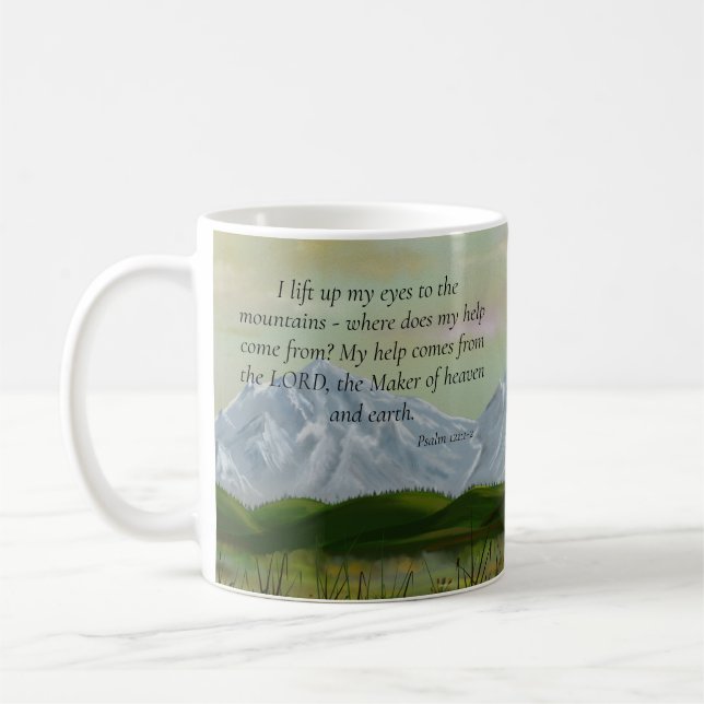 Psalm-Schrift Rustikale Gebirgslandschaft Kaffeetasse (Links)