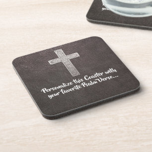 Psalm Text Metal Cross personalisieren auf dunklem Getränkeuntersetzer