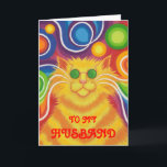 Psy-cat-delic 'Husband''Groovy Geburtstagskarte' Karte<br><div class="desc">Groovy Baby! Eine gelb-orange gestreifte Katze mit wirbelnden Whiskern und einem psychedelischen,  gemusterten Hintergrund. Die Grußkarte mit einem gelben,  orangefarbenen,  roten,  blauen,  grünen,  rosa,  lila und weißen Design,  mit dem Sie Ihre eigenen Texte,  Bilder und Ideen personalisieren können.Ein origineller,  digital erweiterter Bleistift,  der von Jess Perry gezeichnet wird.</div>