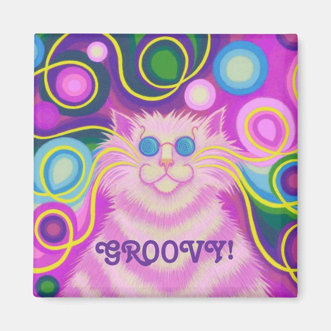 Psy-cat-delic Pink "Groovy" Kühlschrankmagnet Plat Magnet (Vorne)