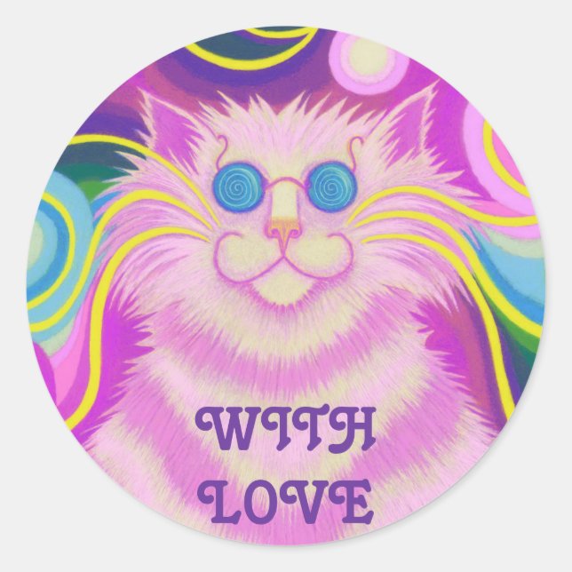 Psy-cat-delic Pink mit Liebe, rundlicher Aufkleber (Vorderseite)