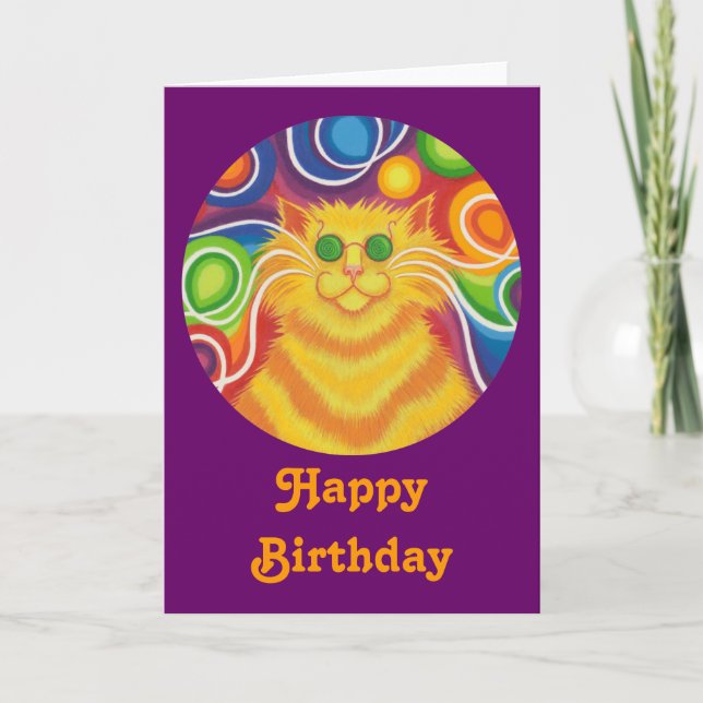 Psy-cat-delic Round 'Happy Birthday' card lila Karte (Vorderseite)