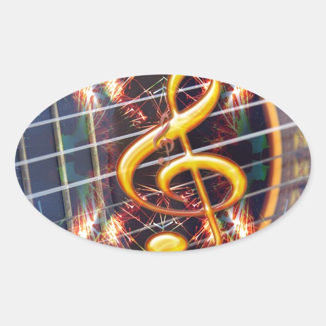 Psychadelic Accoustic Guitar, Musikblatt Design Ovaler Aufkleber (Vorderseite)