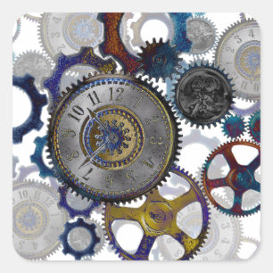 Psychadelische Steampunk-Zahnräder, Zahnräder, Uhr Quadratischer Aufkleber