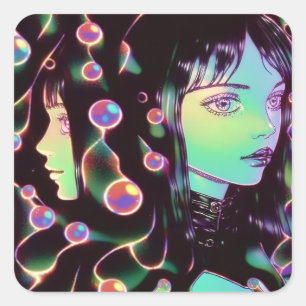 Psychedelic Anime Girl Quadratischer Aufkleber