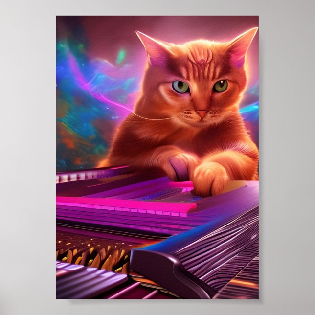 Psychedelic Art Keyboard/Piano Cat Poster (Vorne)