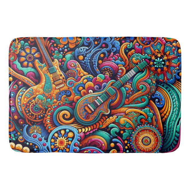 Psychedelic Batik Gitarre Kunstfarbenfrohe Retro M Badematte (Vorderseite)