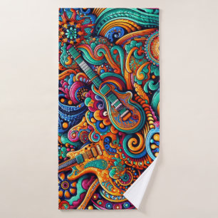 Psychedelic Batik Gitarre Kunstfarbenfrohe Retro M Badhandtuch Set