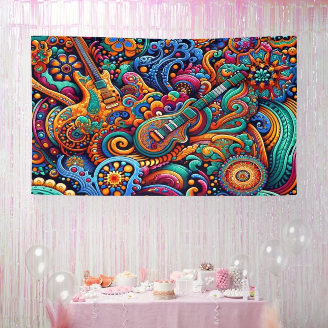 Psychedelic Batik Gitarre Kunstfarbenfrohe Retro M Banner (Party)
