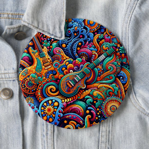 Psychedelic Batik Gitarre Kunstfarbenfrohe Retro M Button