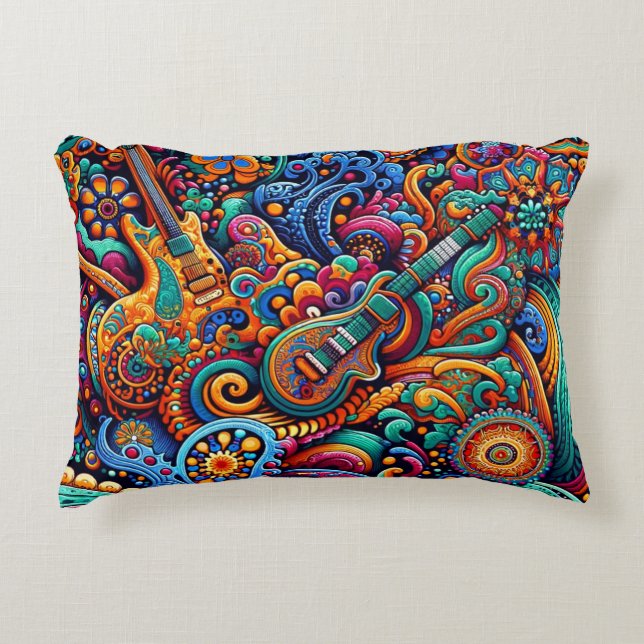 Psychedelic Batik Gitarre Kunstfarbenfrohe Retro M Dekokissen (Vorderseite)
