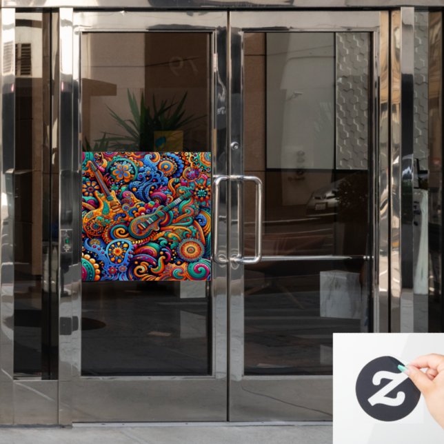Psychedelic Batik Gitarre Kunstfarbenfrohe Retro M Fensteraufkleber (Büro Tür)