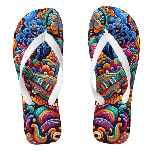 Psychedelic Batik Gitarre Kunstfarbenfrohe Retro M Flip Flops (Fußbett)