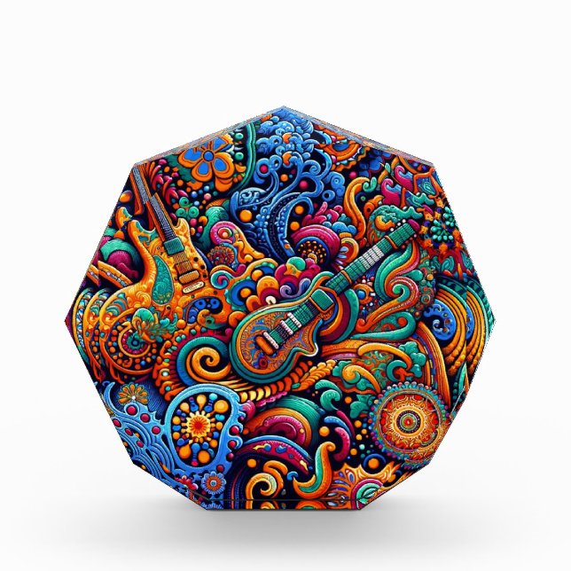 Psychedelic Batik Gitarre Kunstfarbenfrohe Retro M Fotoblock (Vorderseite)