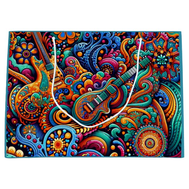 Psychedelic Batik Gitarre Kunstfarbenfrohe Retro M Große Geschenktüte (Vorderseite)