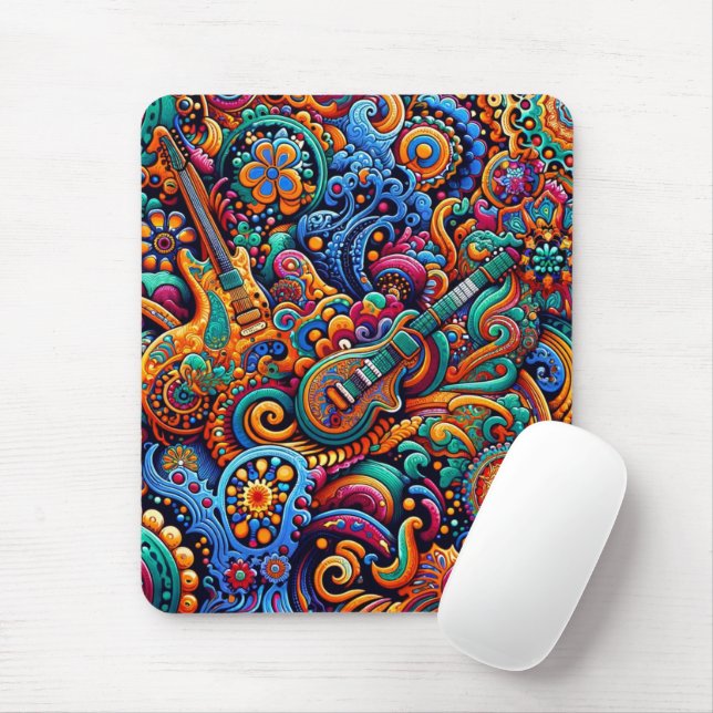 Psychedelic Batik Gitarre Kunstfarbenfrohe Retro M Mousepad (Mit Mouse)