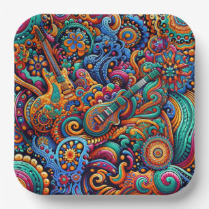 Psychedelic Batik Gitarre Kunstfarbenfrohe Retro M Pappteller