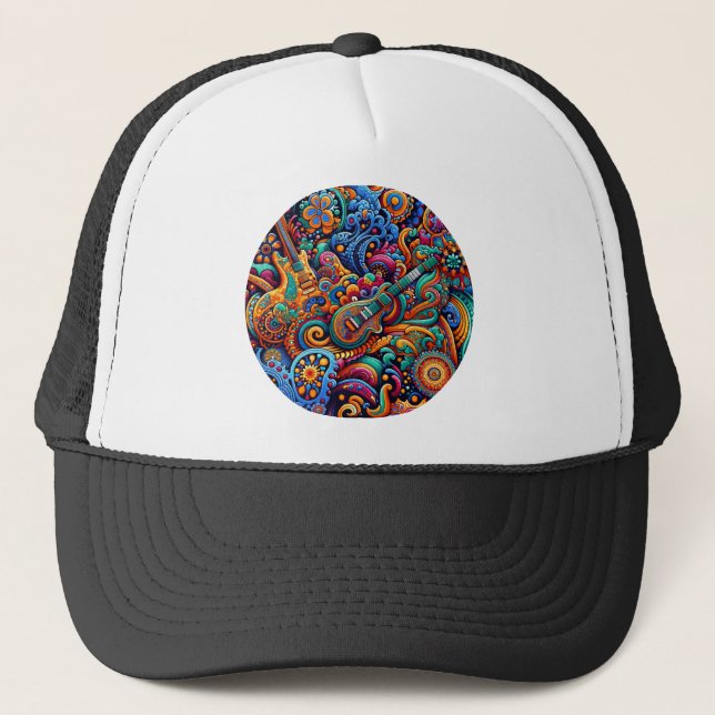 Psychedelic Batik Gitarre Kunstfarbenfrohe Retro M Truckerkappe (Vorderseite)
