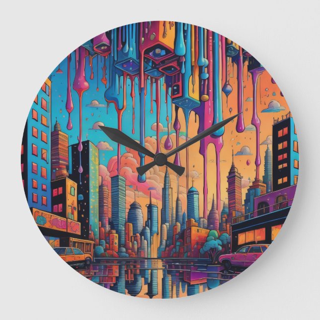 Psychedelic Blue Orange Drippy City Große Wanduhr (Vorderseite)