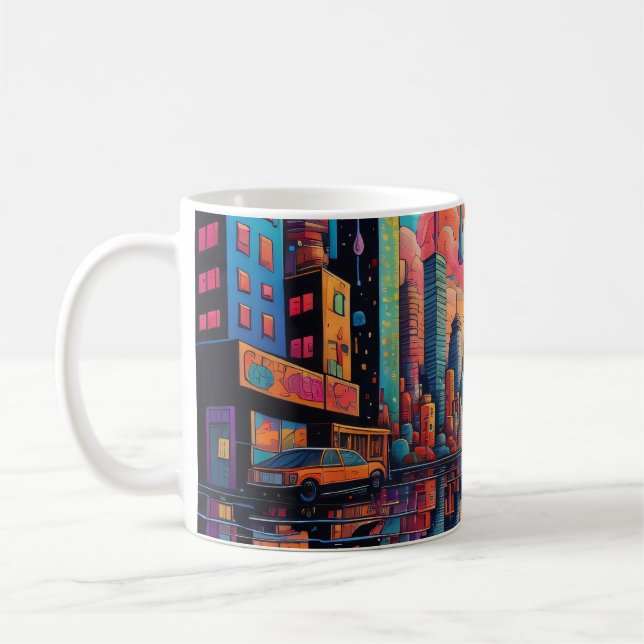 Psychedelic Blue Orange Drippy City Kaffeetasse (Links)