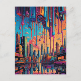 Psychedelic Blue Orange Drippy City Postkarte
