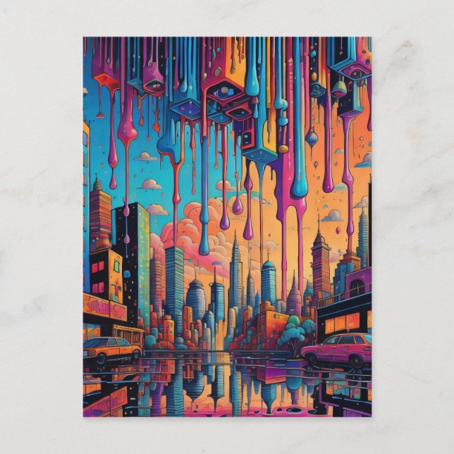 Psychedelic Blue Orange Drippy City Postkarte (Vorderseite)